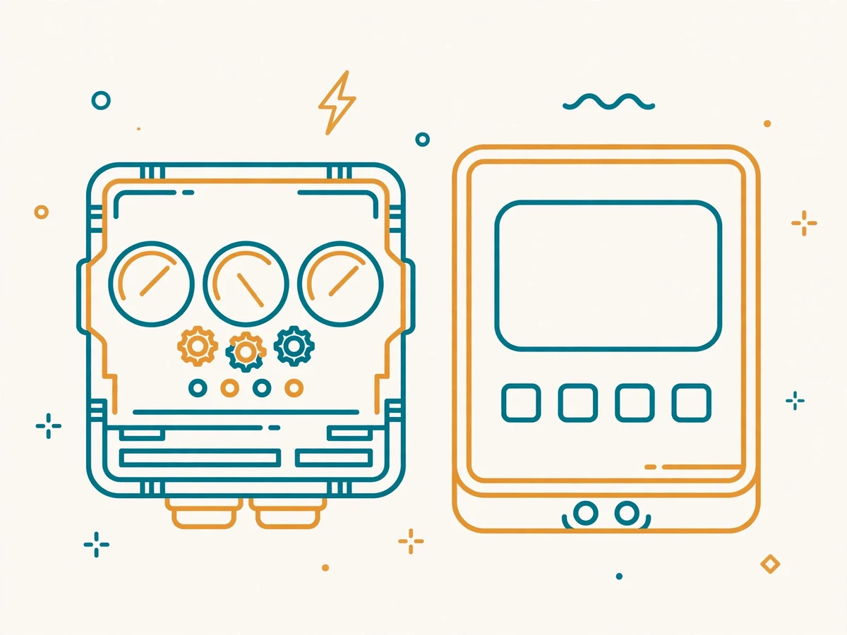 Illustration of energy meters: an old electromechanical meter with a spinning disc next to a modern digital smart meter with an LCD display.