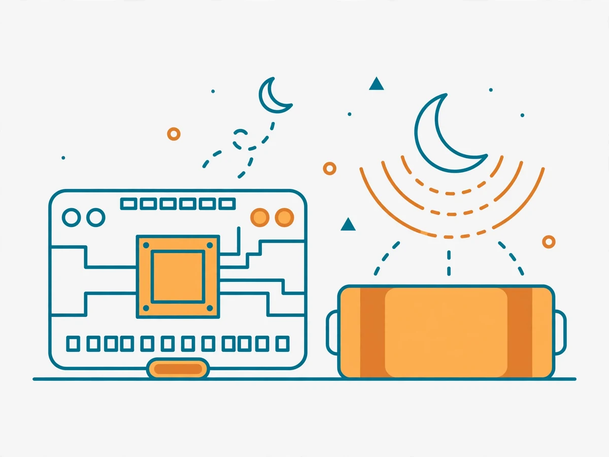 Illustration of an ESP32 module with a battery beside it, a clock symbol for timed wakeups, and a current meter showing microamps during deep sleep.