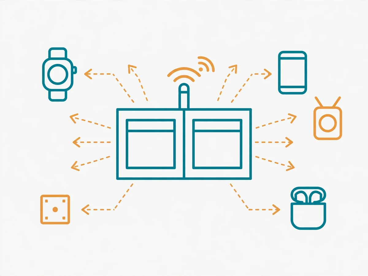 Illustration of ESP32 devices receiving a wireless firmware update: a cloud sending versioned firmware packages to devices with rollback arrows.