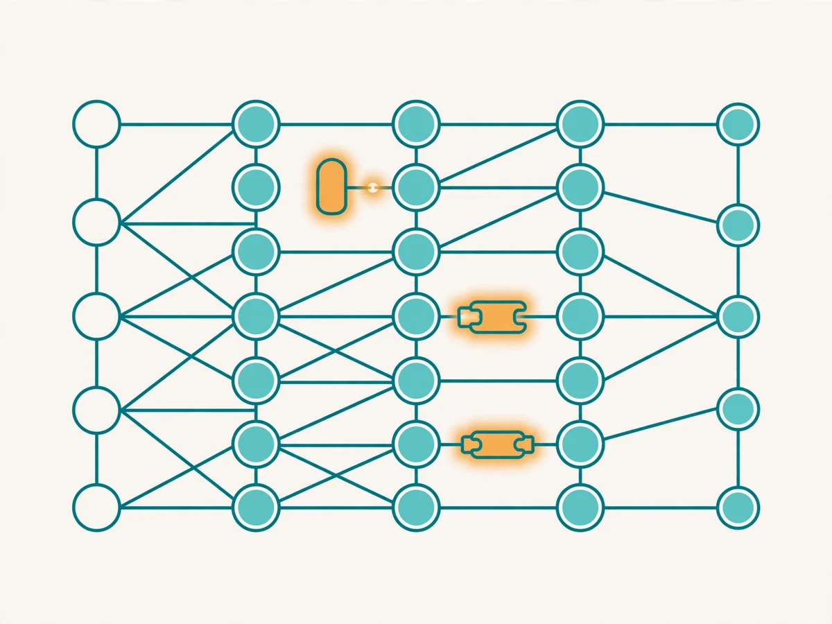 Illustration of LoRA fine-tuning showing a large frozen neural network with small trainable adapter blocks attached to its layers, and a laptop GPU.