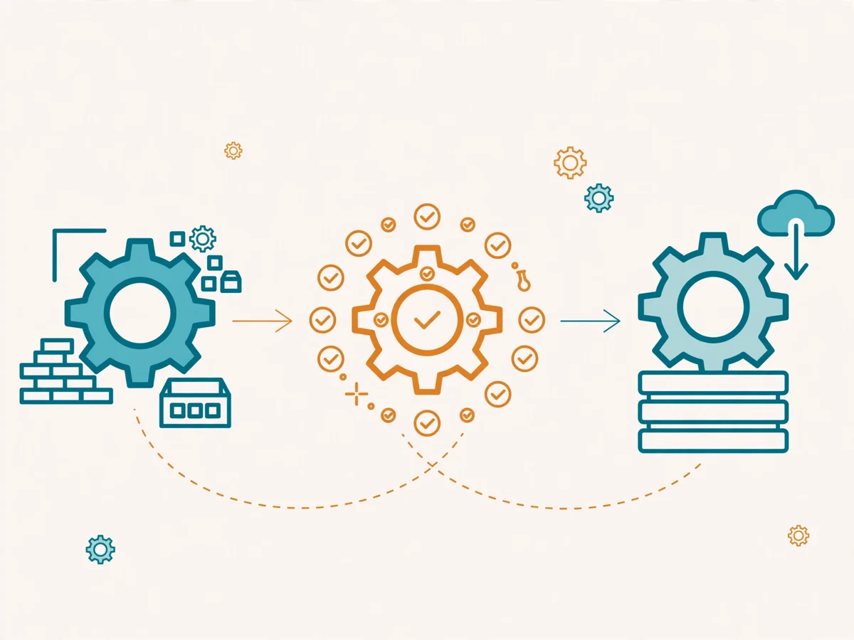 Illustration of a GitHub Actions CI/CD pipeline showing code push flowing through build, test, and deploy stages automatically.