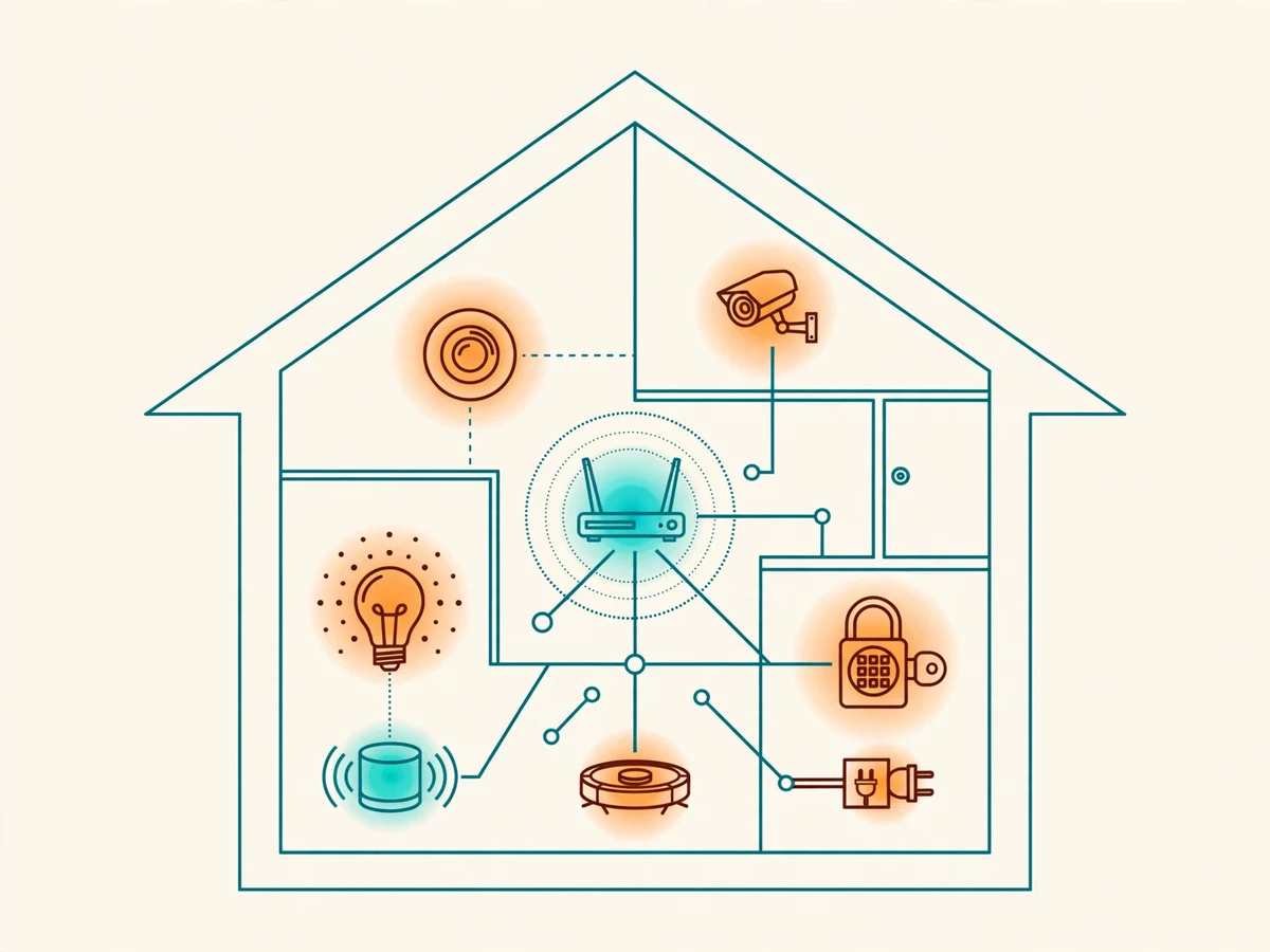 Illustration of a smart home dashboard on a tablet showing temperature, lights and switches, with ESP32 sensor nodes wirelessly connected around a house.