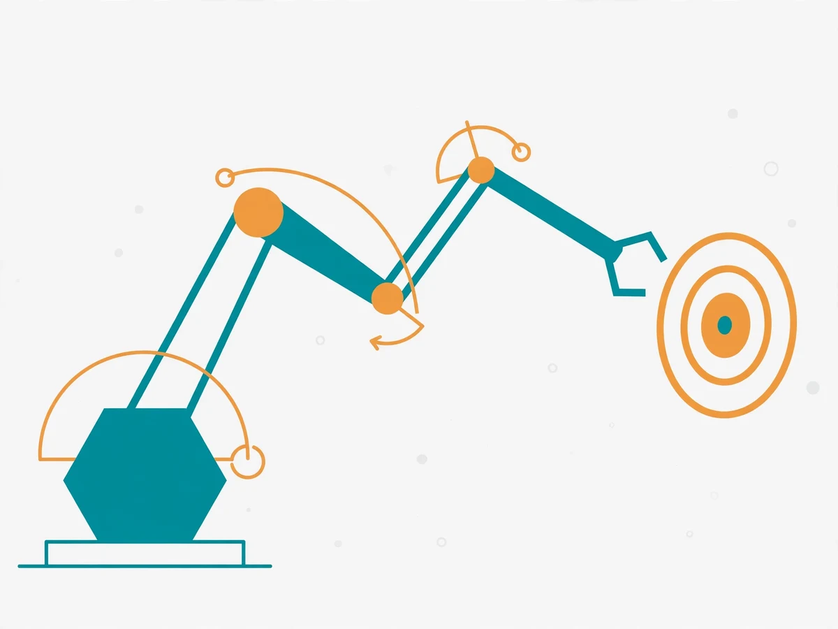 Illustration of inverse kinematics for a robot arm showing joint angles computed to reach a target point in space.