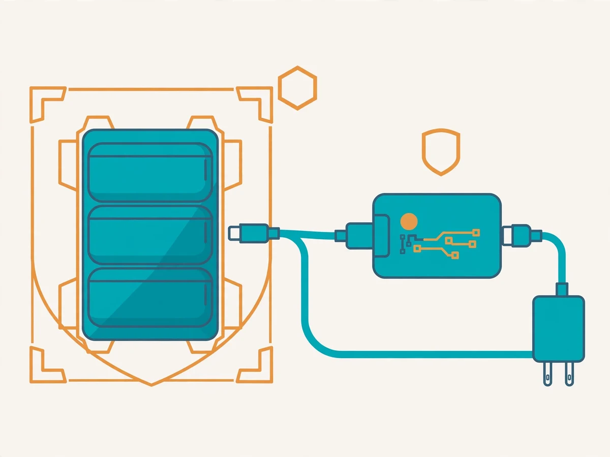 Illustration of LiPo battery packs with safety symbols, a balance charger, a fireproof storage bag, and a bucket of sand.