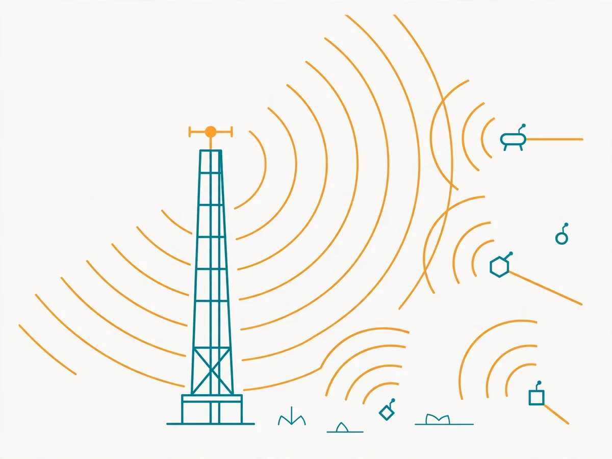Illustration of a LoRaWAN star-of-stars network: sensor nodes transmitting to a gateway tower, with data flowing to a cloud labeled The Things Network.