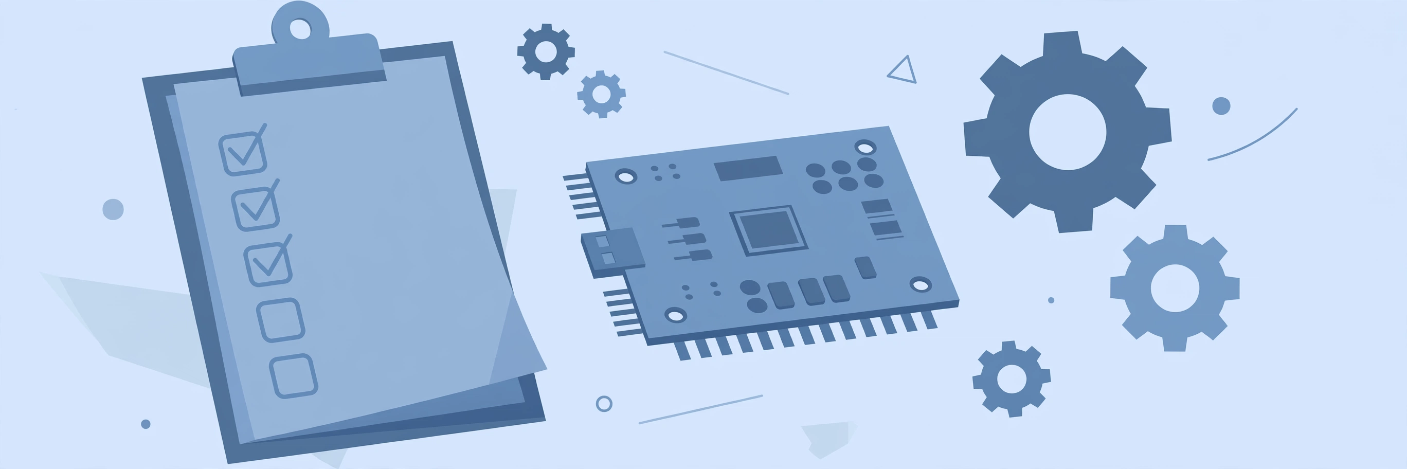 A large clipboard with a ticked project requirements checklist, surrounded by a microcontroller board and gears.