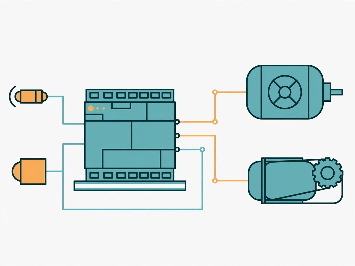 Illustration of industrial Modbus networking: an energy meter, a VFD and a PLC connected over an RS-485 twisted-pair bus to an ESP32 gateway module.