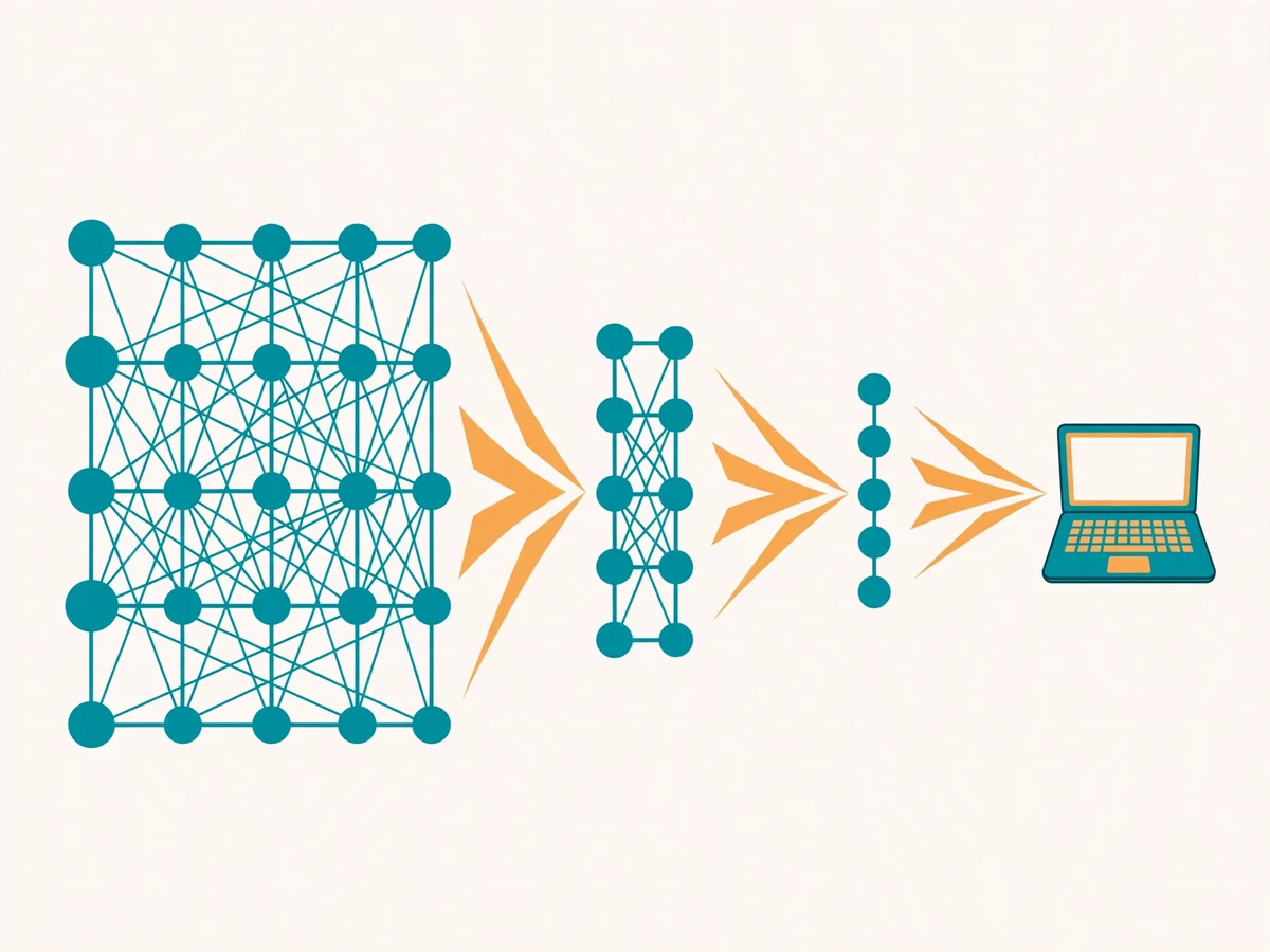 Illustration of model quantization showing a large neural network being compressed from 16-bit to 4-bit precision weights, fitting onto a laptop.