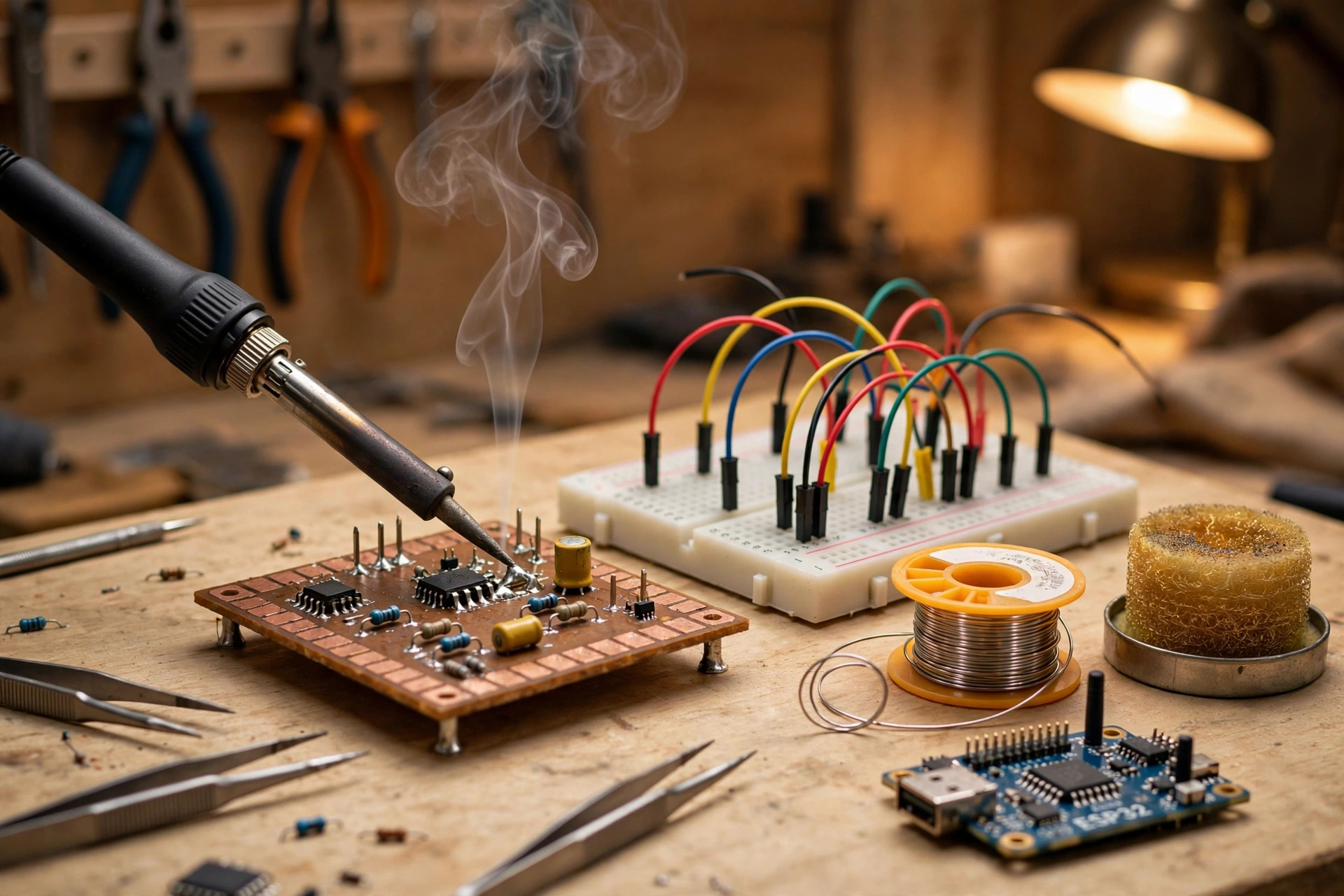 Engineering student workbench showing a breadboard prototype transitioning to a neatly soldered perfboard and custom PCB beside an ESP32, components, multimeter and soldering iron, with no text overlays.