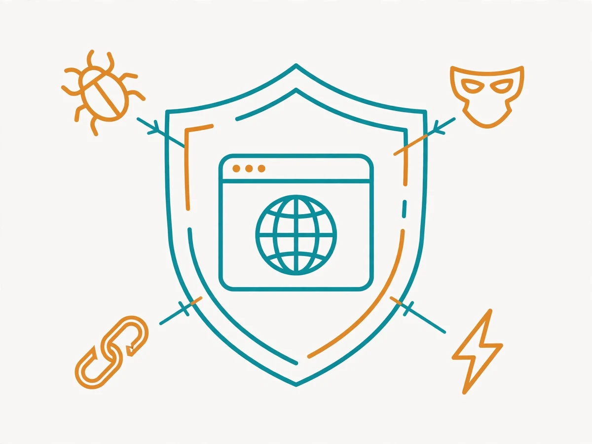 Illustration of web application security showing a shield protecting a web app from common vulnerabilities.