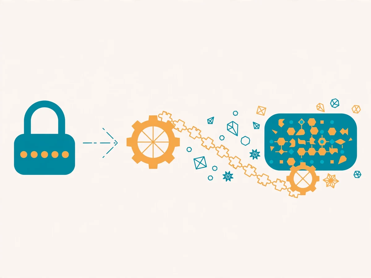Illustration of password hashing: a password entering a slow, salted hashing process and emerging as an unrecognizable hash string stored in a database, with a clock symbol for the work factor.