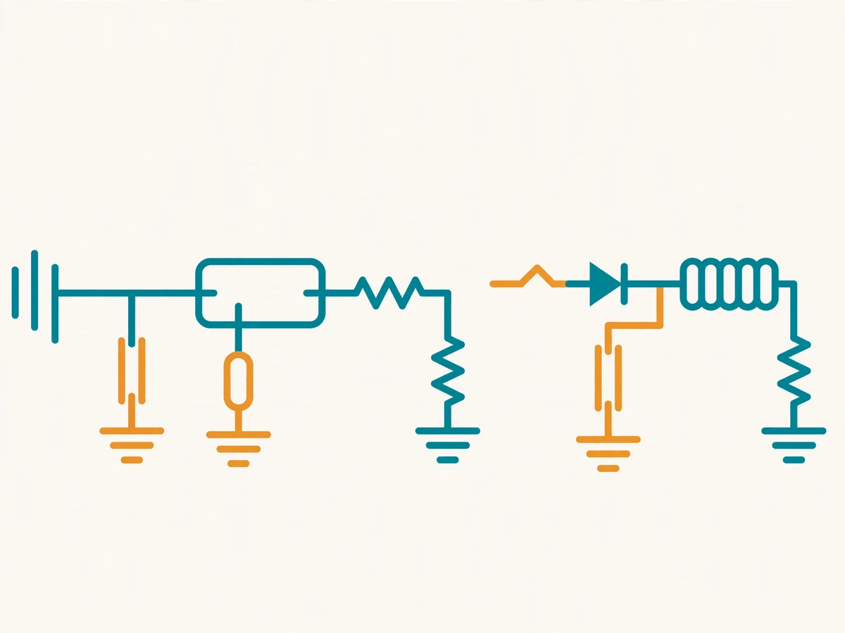 Illustration comparing a linear regulator heating up versus an efficient switching buck converter, with efficiency formulas and heat waves.