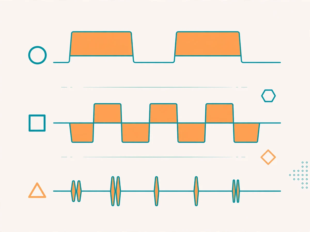 Illustration of PWM waveforms showing duty cycle percentages and frequency, with a motor and LED as example loads.