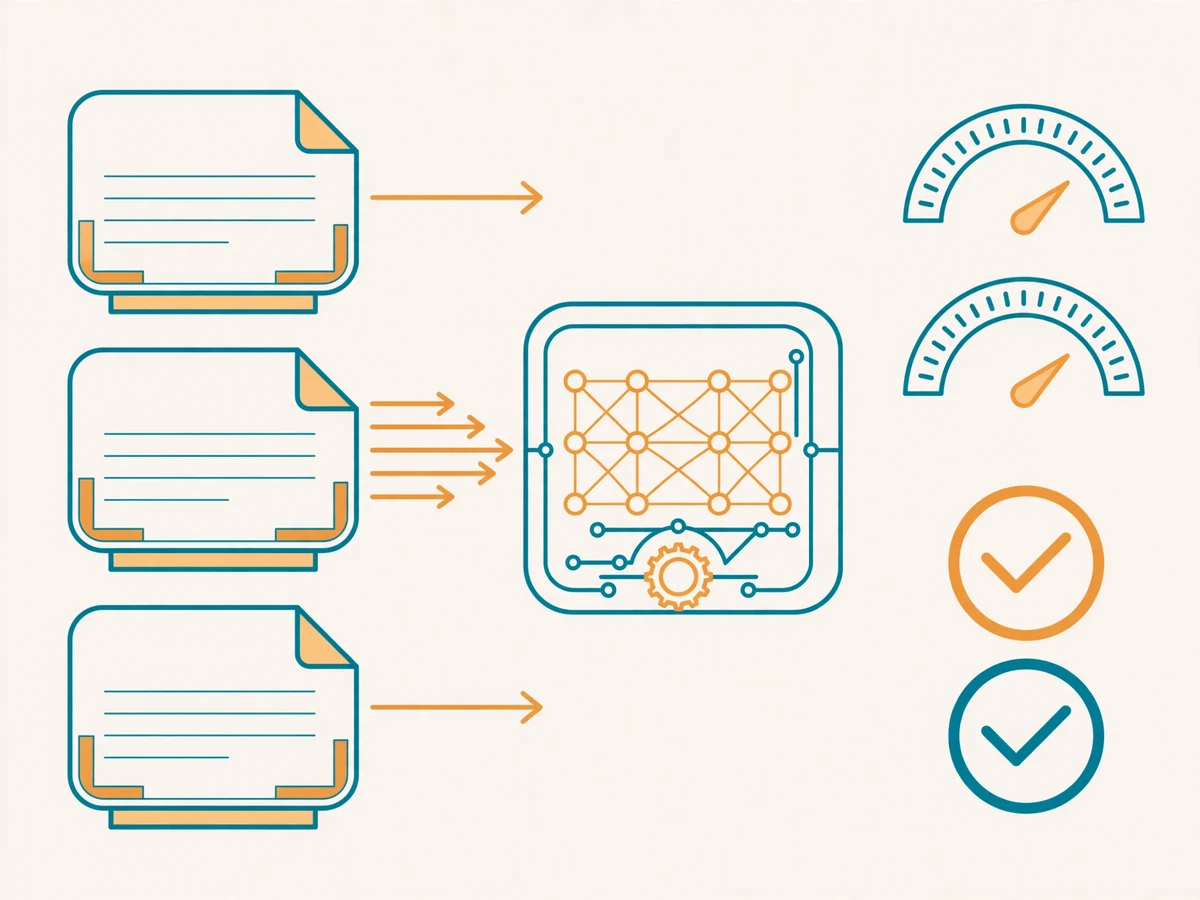 Illustration of RAG evaluation showing a chatbot answer being checked against retrieved document chunks with pass-fail checkmarks and metric gauges.