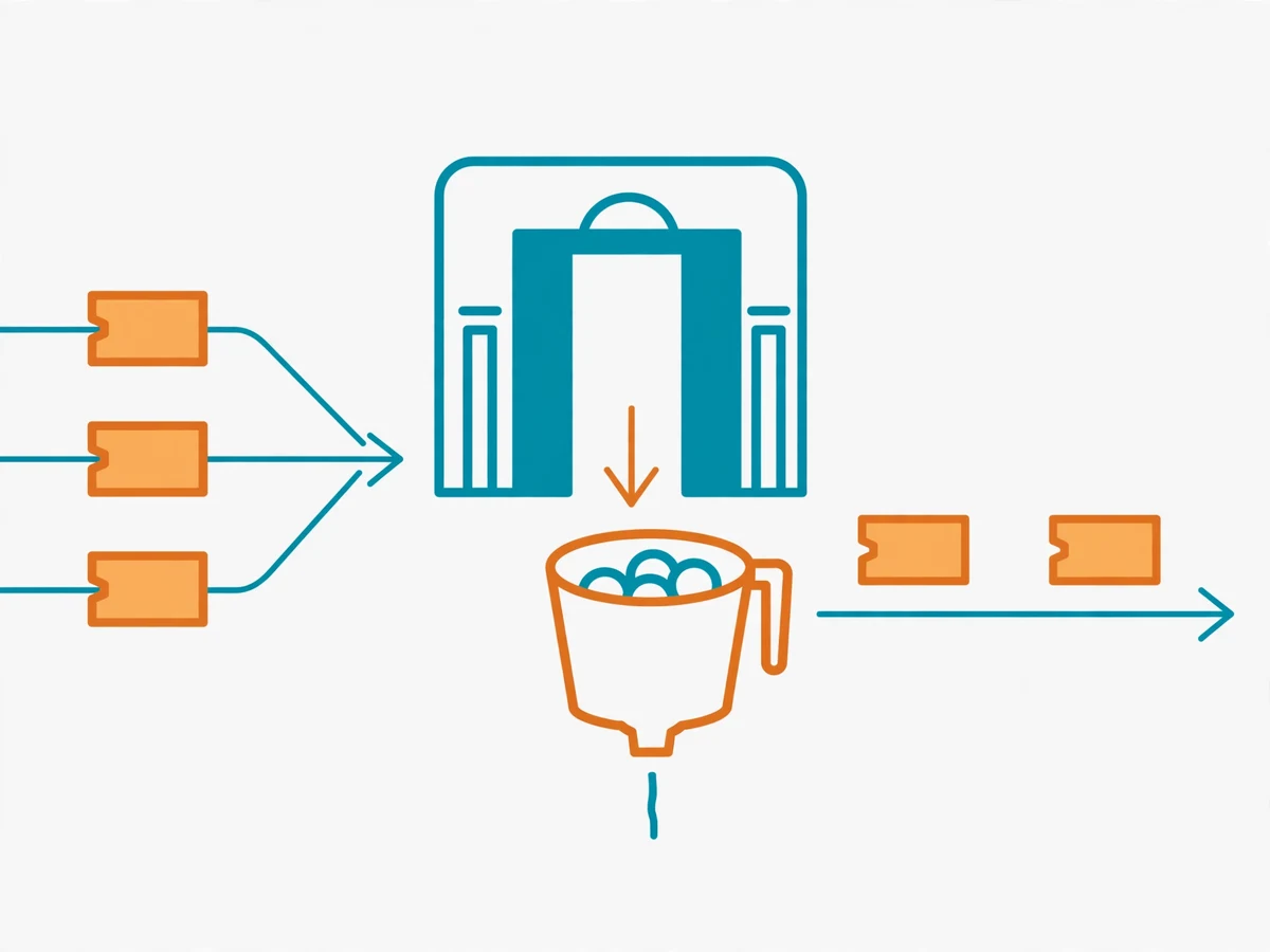 Illustration of API rate limiting showing requests flowing through a gate that allows a steady stream while blocking excess traffic.