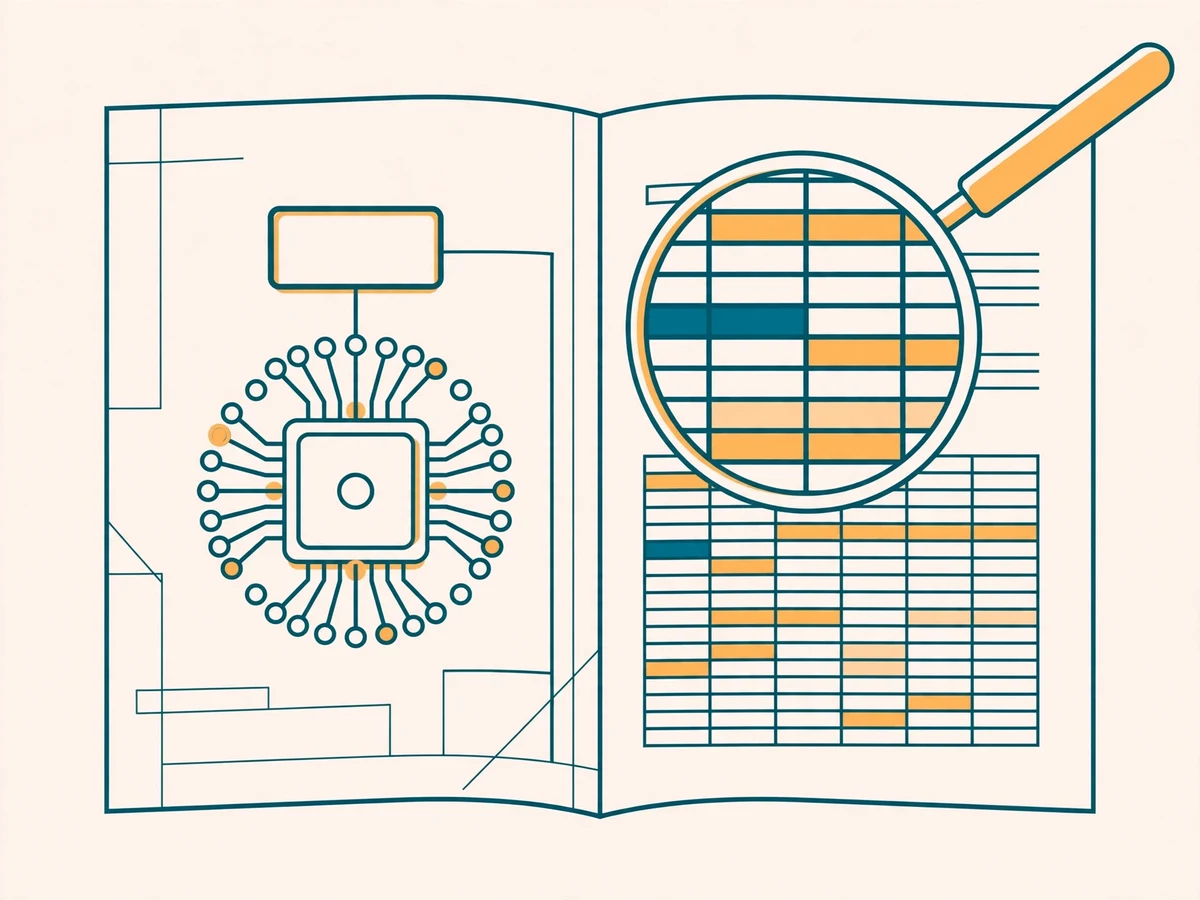 Illustration of an open datasheet showing pinout diagram, electrical characteristics table, and timing diagrams with a magnifying glass.