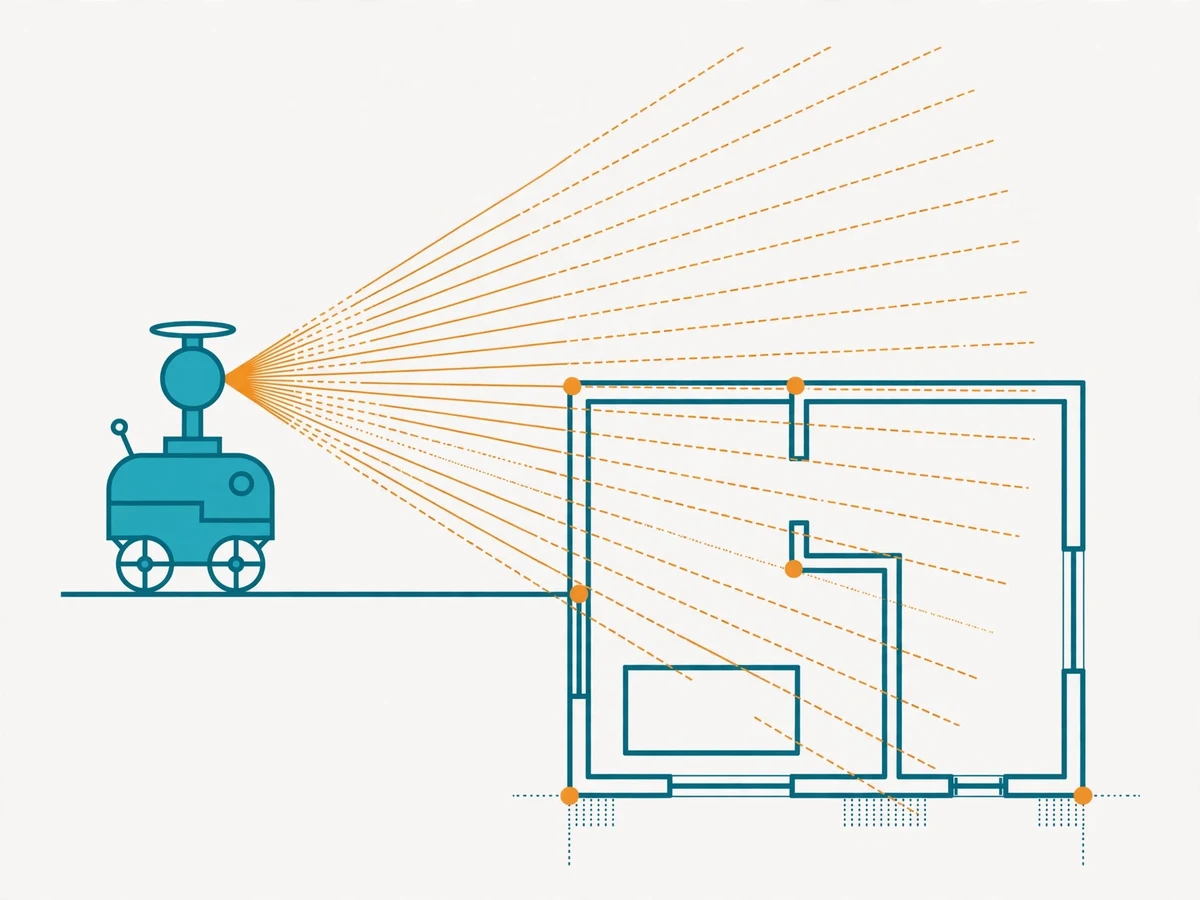 Illustration of SLAM showing a robot building a floor map while tracking its own position with lidar scan rays.