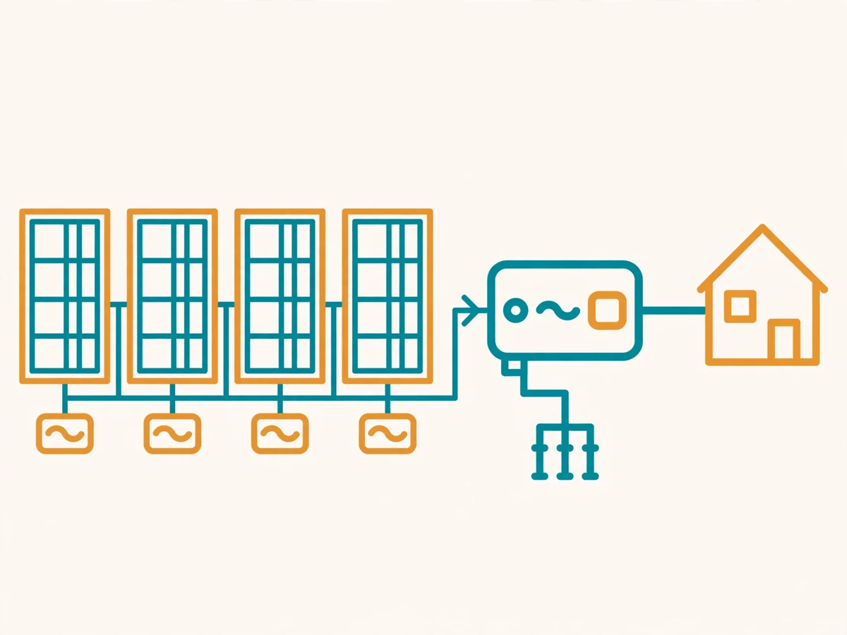 Illustration comparing solar inverter types: a string inverter with panel strings, microinverters under each panel, and a hybrid inverter with battery storage.