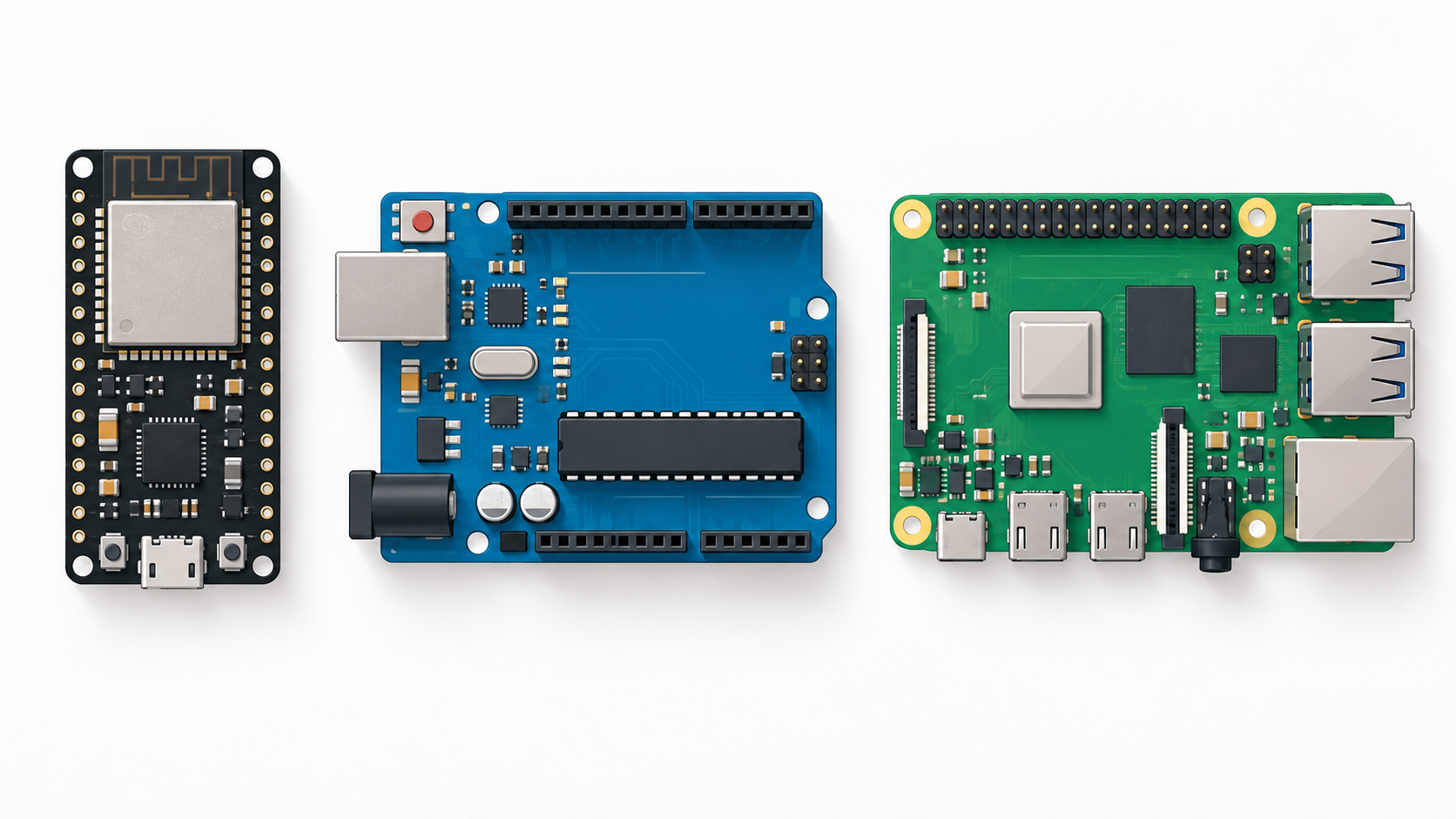ESP32 devkit, Arduino Uno and Raspberry Pi boards side by side