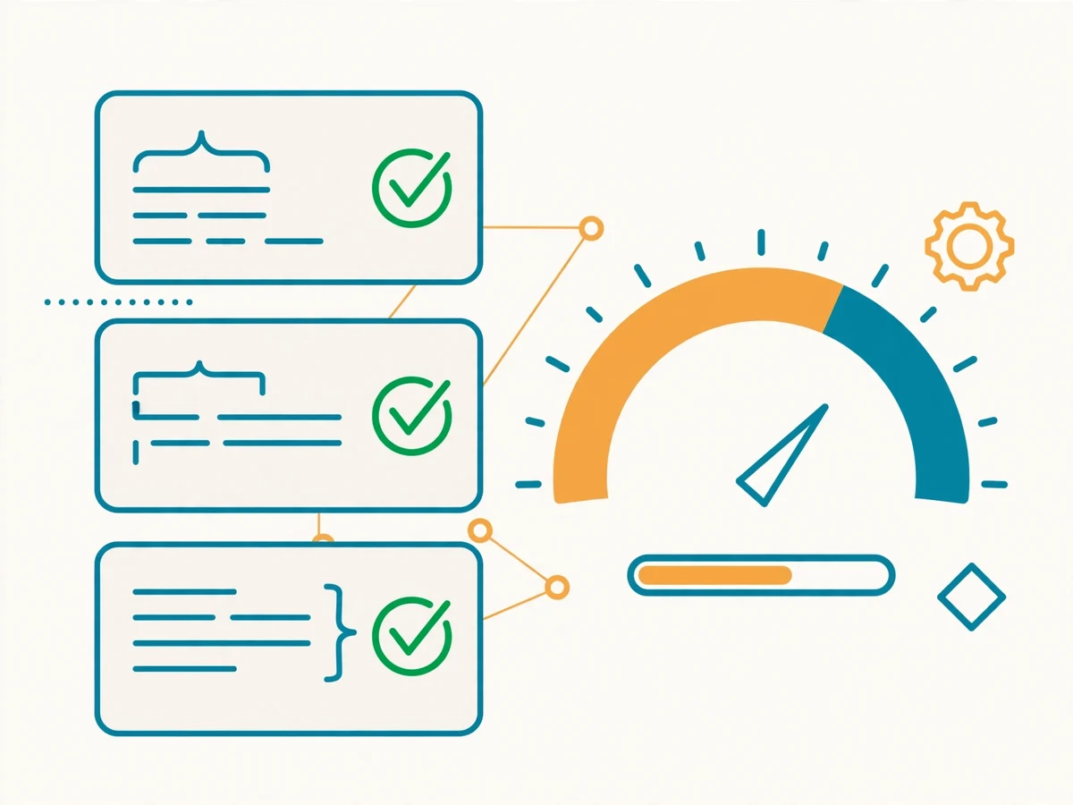 Illustration of JavaScript testing with Jest showing test cases running with green passing checkmarks beside code.