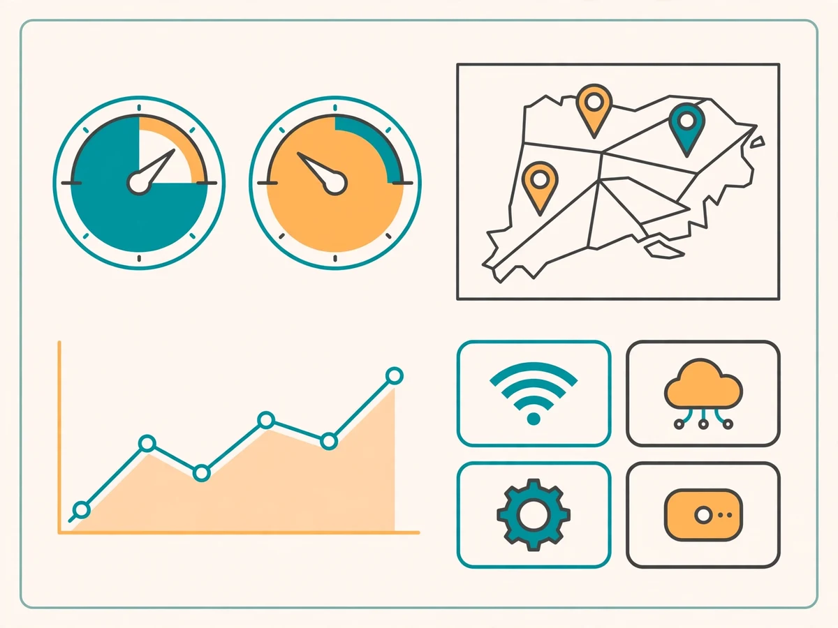 Illustration of the ThingsBoard platform: multiple IoT devices feeding telemetry into a central dashboard with time-series charts, gauges, maps and alarm indicators.