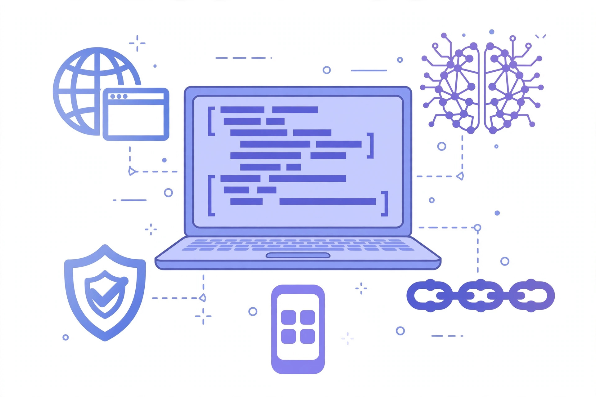 Illustration of computer science project ideas: laptop with code surrounded by web, AI, blockchain, security and mobile icons