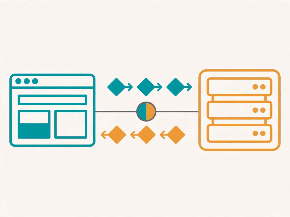 Illustration of WebSocket bidirectional communication showing a persistent connection between browser and server with messages flowing both ways.