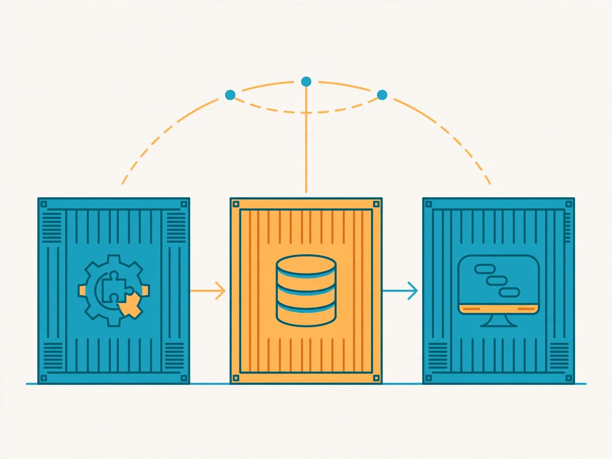 Illustration of Docker Compose orchestrating a full-stack application with frontend, API, database, and cache containers connected in one network.