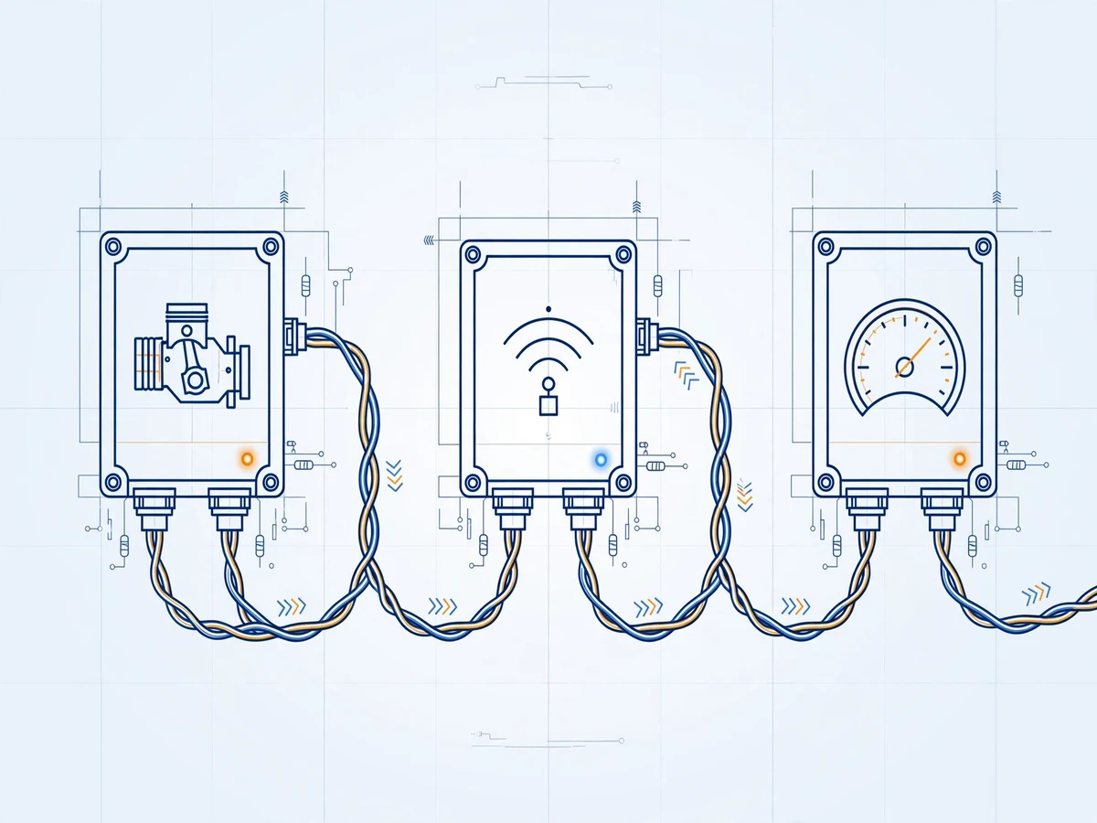 Technical illustration of three electronic control units linked by a twisted-pair CAN bus cable carrying signal pulses between them.
