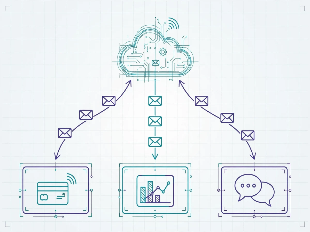 Technical illustration of a cloud server pushing event envelopes outward to web application endpoints for payments, dashboards and chat.