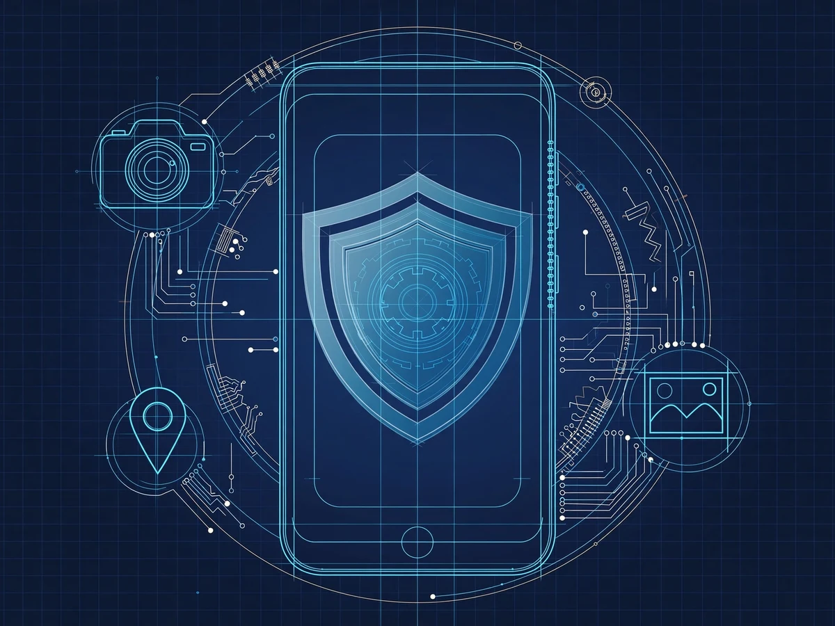 Blueprint-style technical illustration of a smartphone with a shield badge, surrounded by camera, photo and location icons connected by circuit traces.