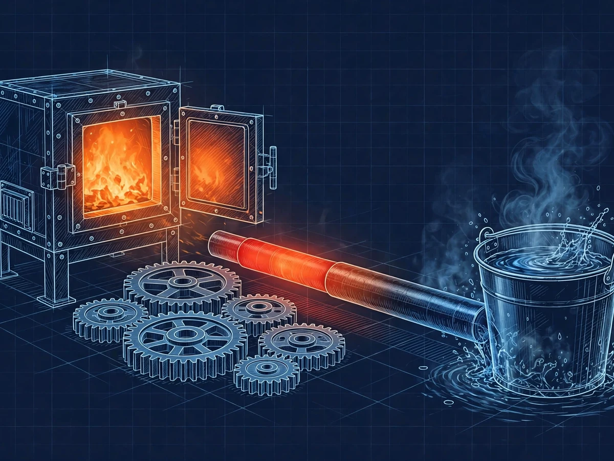 Blueprint-style technical illustration of a glowing heat-treatment furnace, red-hot steel shaft, steel gears and a quenching bucket with steam rising.