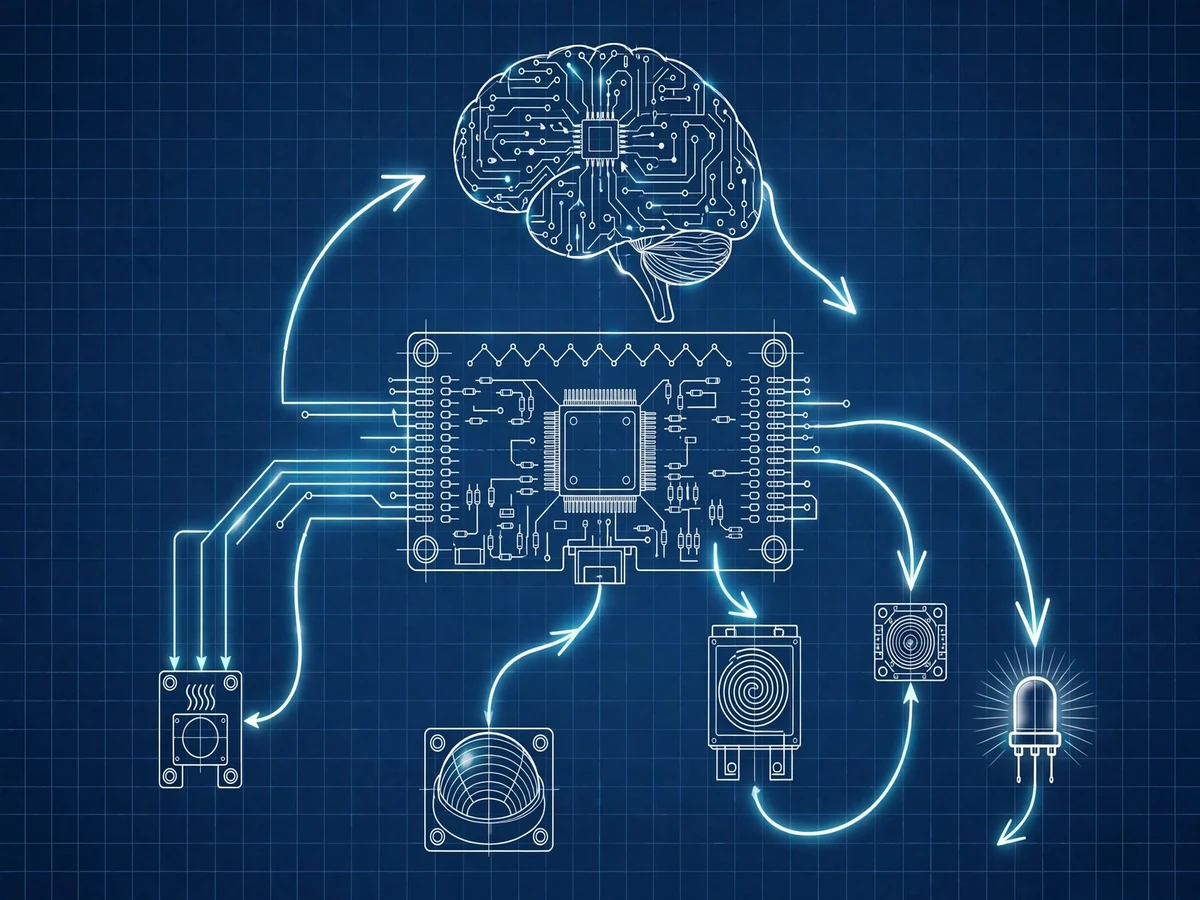 Blueprint-style technical illustration of an ESP32 development board at the centre, with sensor nodes, data-flow arrows and a circuit-brain motif representing an AI agent reasoning and sending decisions back.