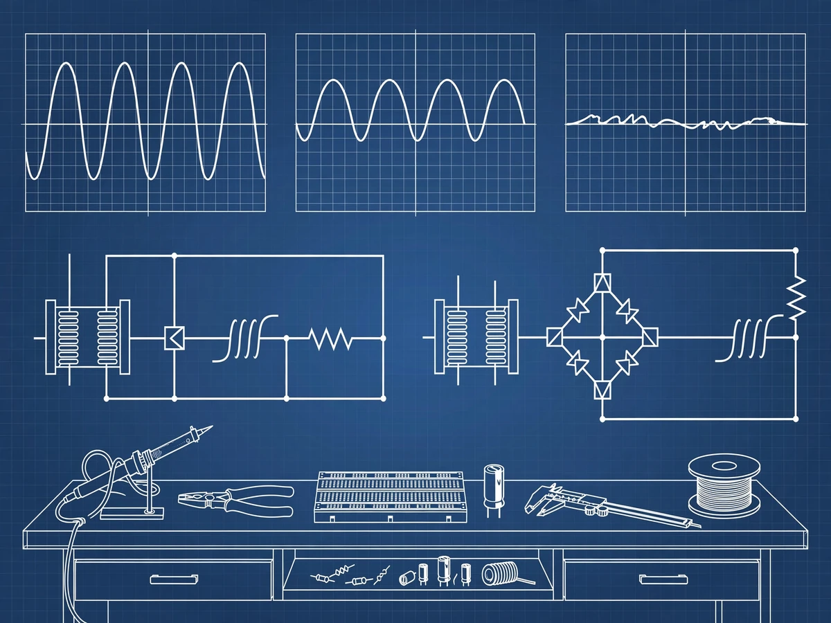 Blueprint-style technical illustration of rectifier circuits, AC-to-DC waveforms, diodes and a capacitor on an electronics bench