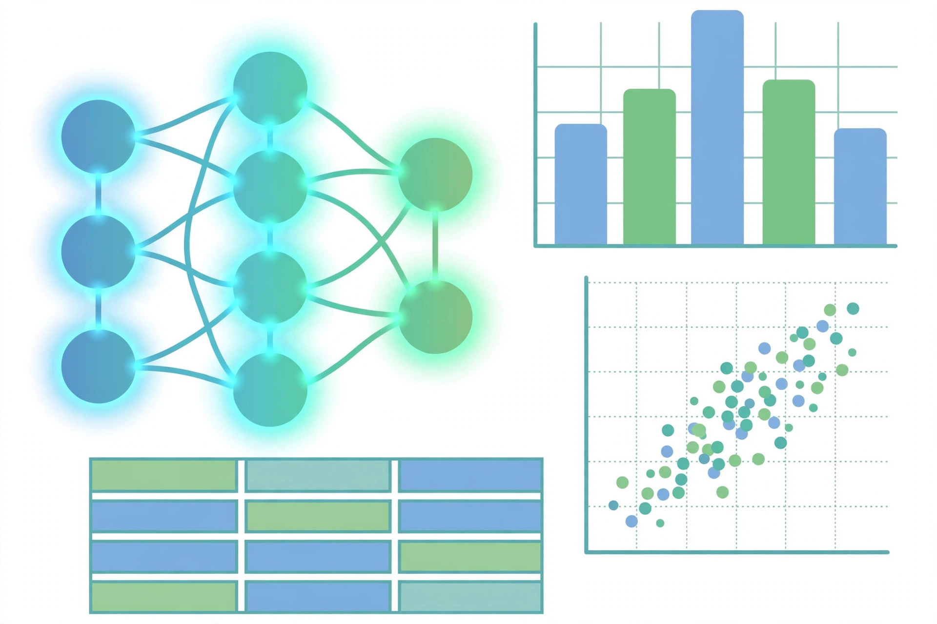 Illustration of machine learning project ideas: neural network with charts and dataset table