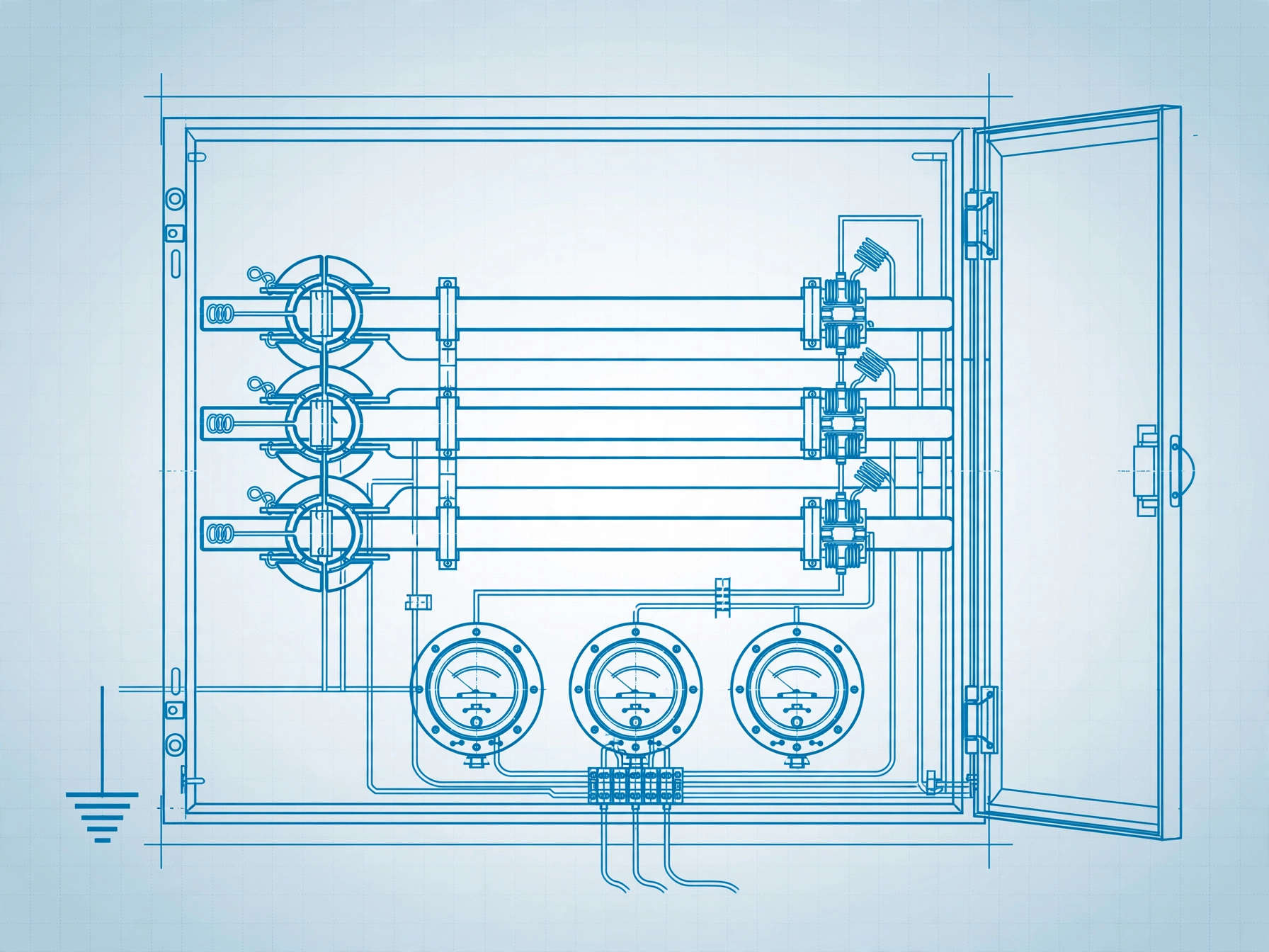 Blueprint-style illustration of current and potential transformers wired to panel meters on an electrical installation.