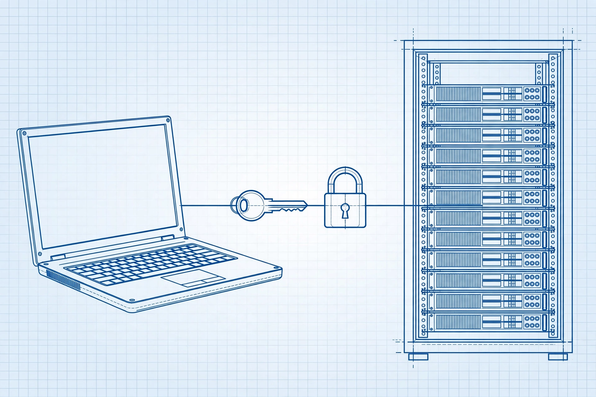 Blueprint-style illustration of a laptop and a server exchanging key and lock symbols for public-key authentication.