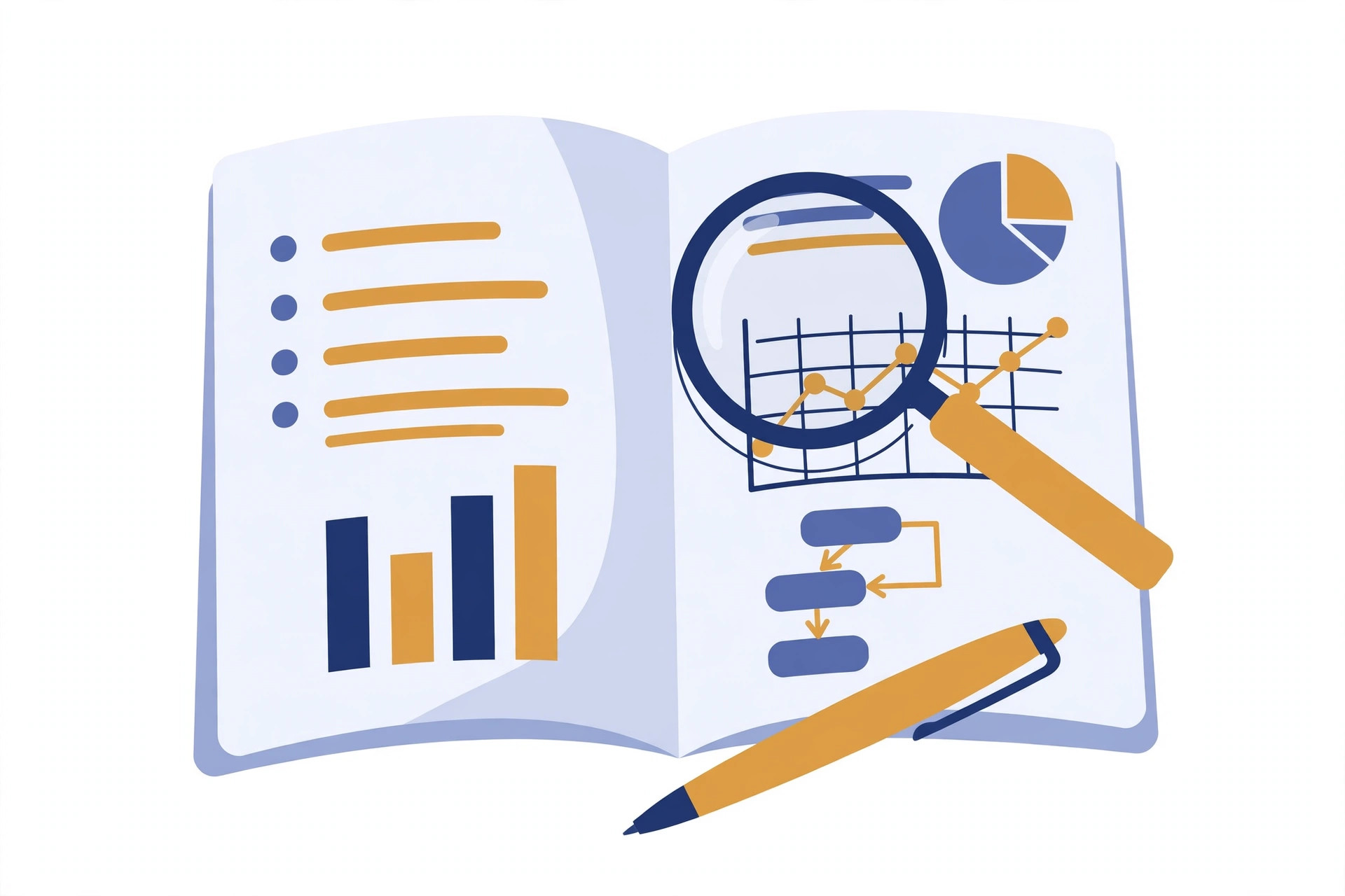 Illustration of writing a final year project report: open document with chapters, diagrams and a magnifying glass