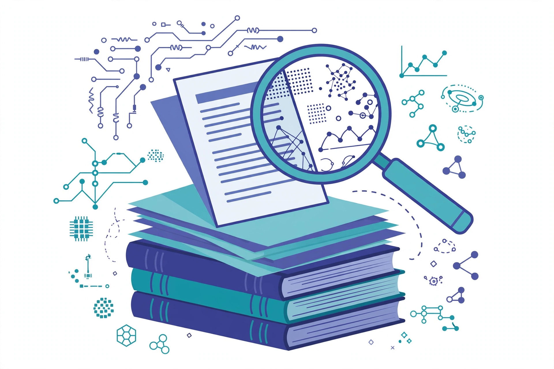 Illustration of choosing an IEEE base paper: research papers with a magnifying glass