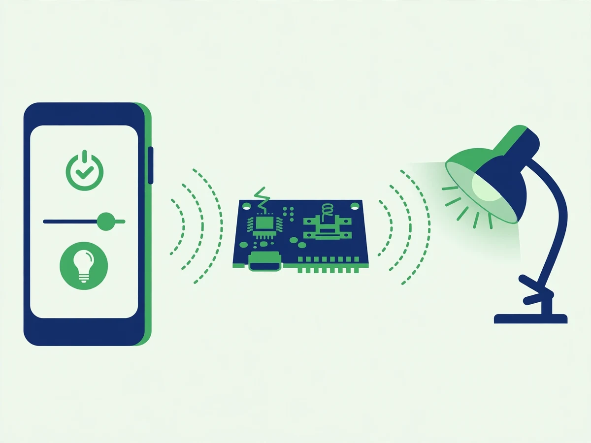 Illustration of an Android smartphone wirelessly controlling an Arduino and ESP32 circuit with relays and sensors, showing Bluetooth and WiFi signal links between the phone and the hardware.