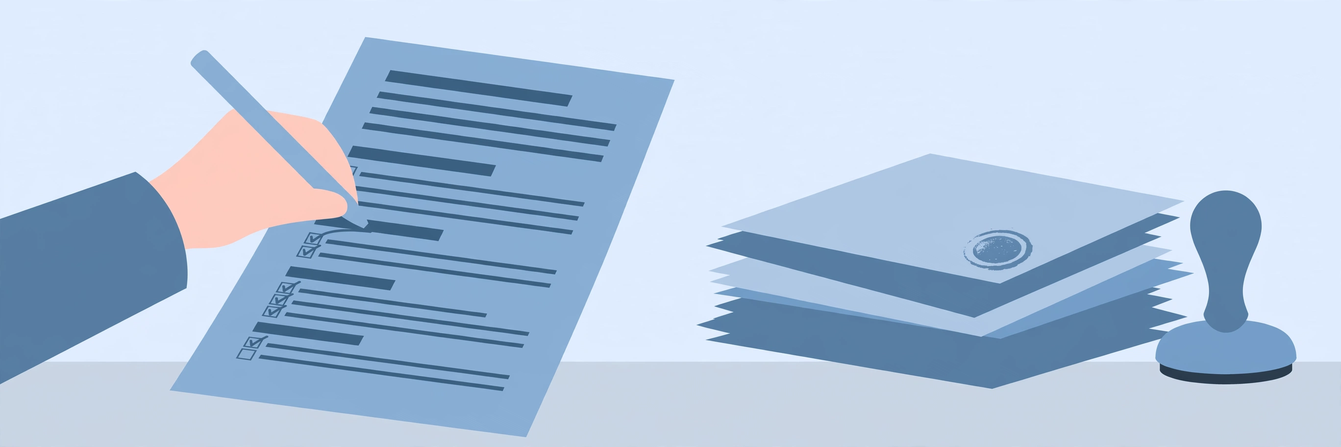 A hand writing a structured project synopsis document with section headings and checkmarks, beside a stack of approved papers.