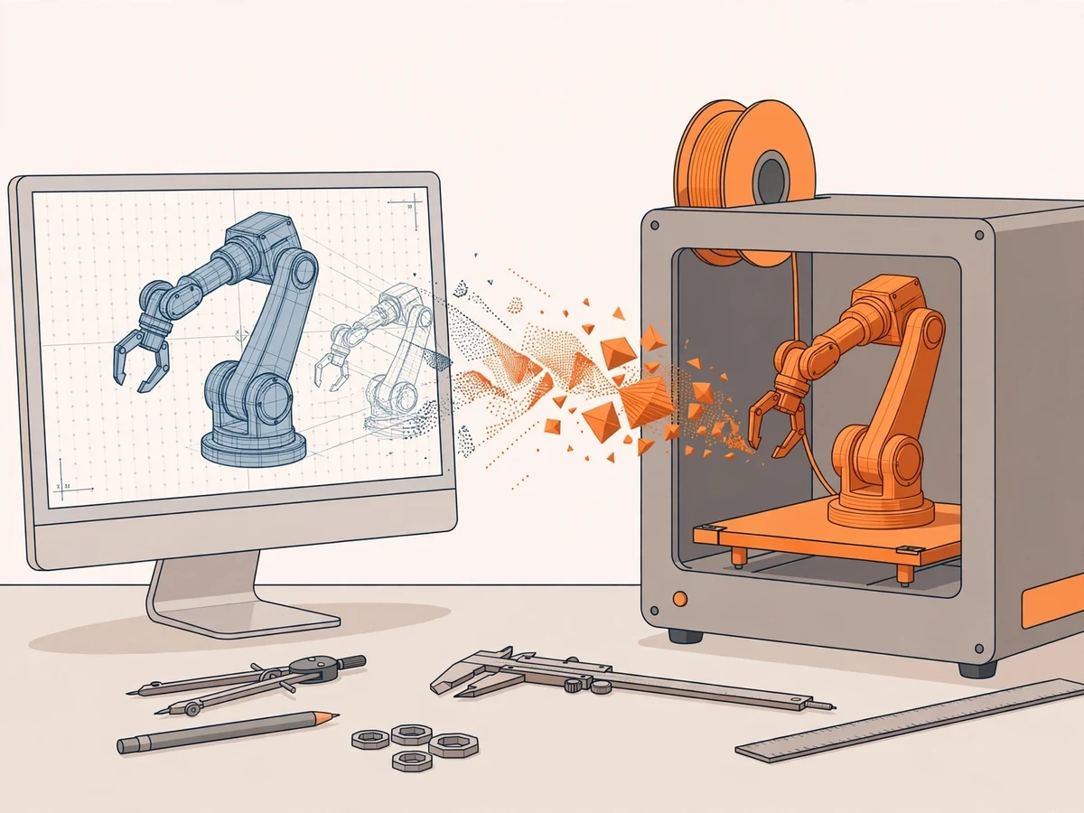 Illustration of a student's CAD-to-prototype workflow: a Fusion 360-style 3D model of a robot bracket beside its 3D-printed PLA part, with calipers and fasteners on a desk.