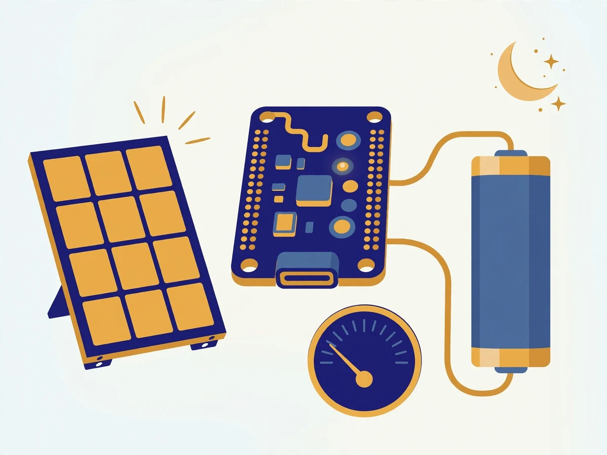 Illustration of a battery-powered ESP32 field sensor node with a small solar panel, deep-sleep duty-cycle diagram and a lithium cell.