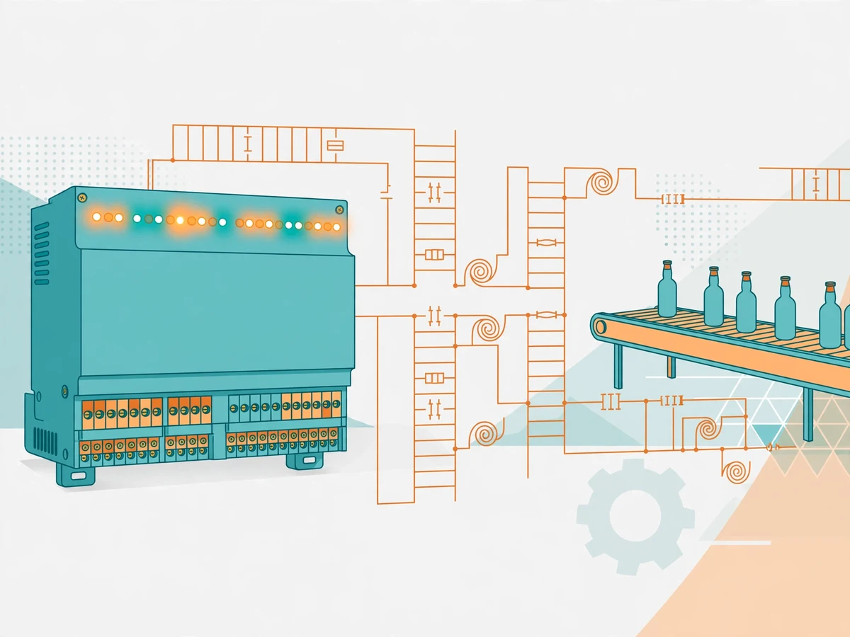 Illustration of a PLC panel with ladder logic rungs, timers, sensors and a conveyor bottle-filling setup, generated for this guide.