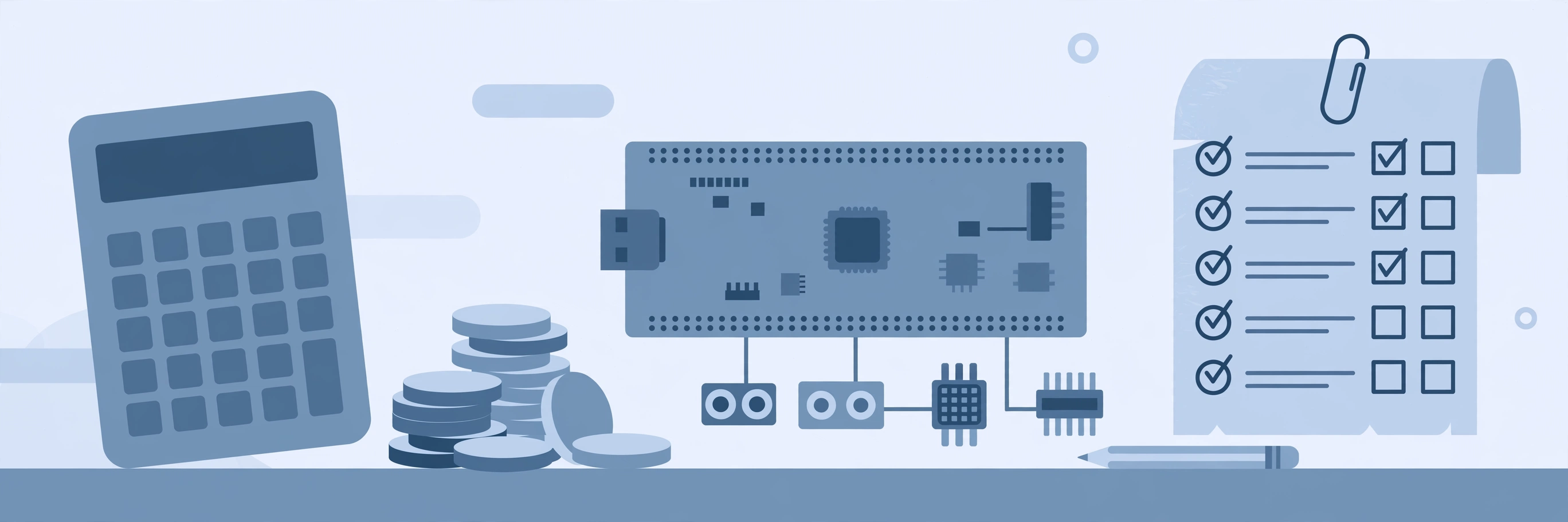 A calculator and coins beside a microcontroller board and sensors on a desk, with a budget checklist, illustrating project cost estimation.