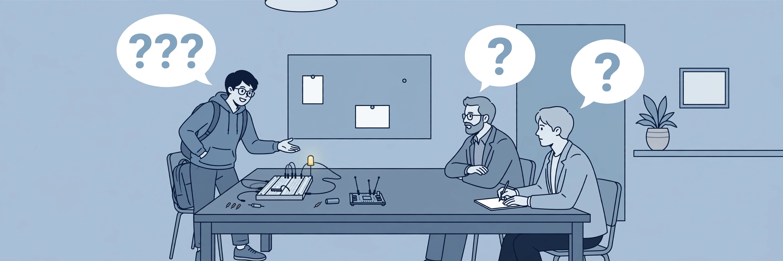 A student demonstrating a working electronics prototype to a panel of two examiners in a viva room, with question marks in speech bubbles.