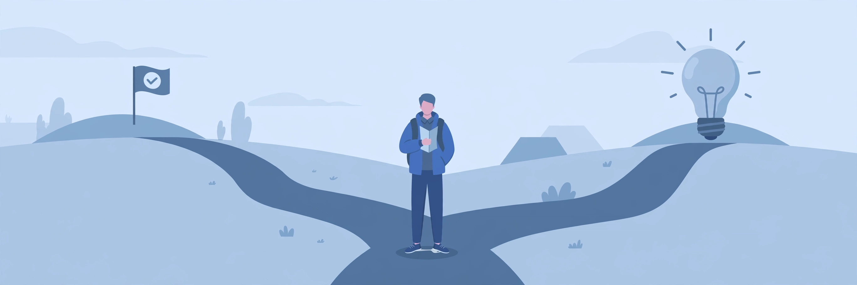 A student at a fork in the road holding a project document, choosing between a checkmark path and a new lightbulb idea path.