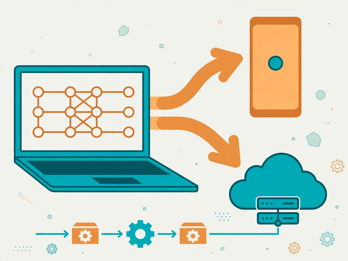 Illustration of a laptop displaying a deployed machine learning demo dashboard with prediction results, connected by lines to cloud server and edge device icons, in flat vector style.