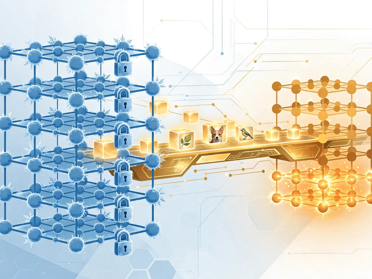 Editorial illustration of transfer learning: a large frozen ice-blue network with padlocks passing glowing knowledge blocks into a smaller warm network with an unlocked retraining head, image thumbnails flowing through.