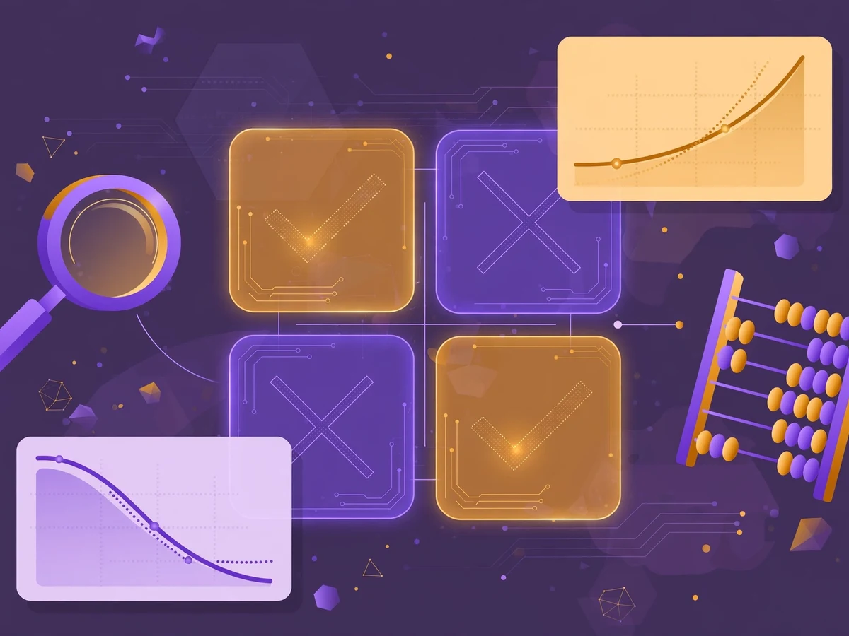 Editorial illustration of ML evaluation metrics: a glowing 2x2 confusion-matrix grid with check and cross motifs, floating curve-chart cards, a magnifying glass and an abacus.